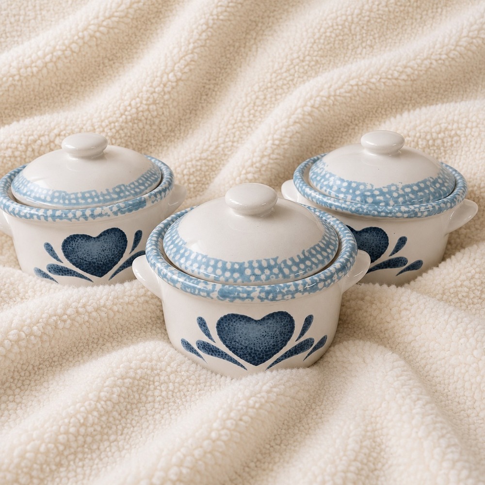 Vintage Blue Heart Stoneware Mini Casserole Dishes Set 3 Covered Soup Crocks 90s